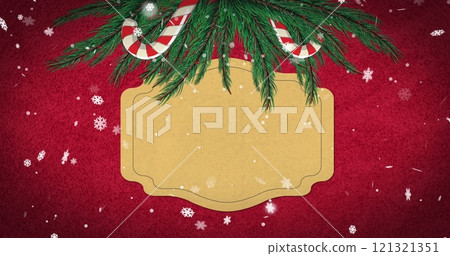 Image of sign with copy space, christmas fir tree branches on red background 121321351