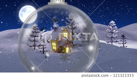 Image of winter scenery with house in snow globe over snow falling background Image of winter scenery with house in snow globe over snow falling background 121321353