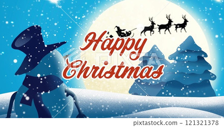 Image of happy christmas text over snowman, santa claus in sleigh in winter scenery background Image of happy christmas text over snowman, santa claus in sleigh in winter scenery background 121321378