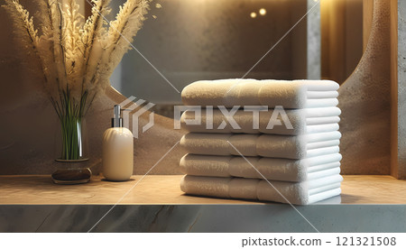 Stack Of Clean Towels On Countertop In Bathroom 121321508