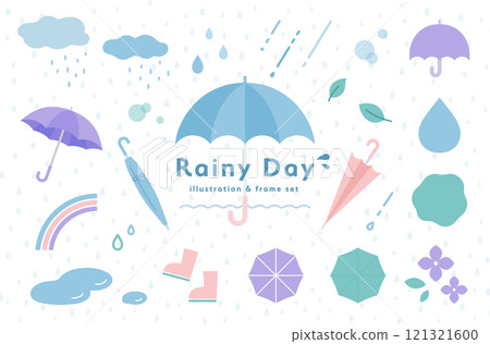 Set of illustrations and frames of rainy days and rainy season Umbrella Decoration Decoration Rainy day Rain goods Weather Rain clouds 121321600