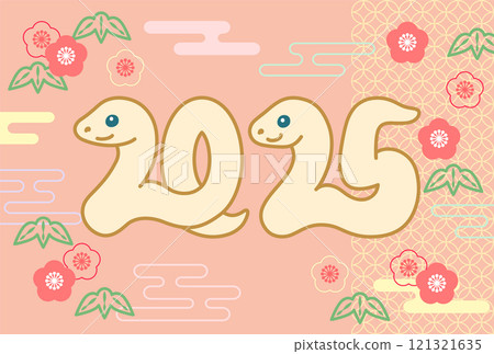 New Year's card with a pine, bamboo, plum and white snake design 121321635