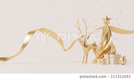 3D render, Happy new year and Merry Christmas background decorated with golden reindeer and ribbon holiday scene with tree. 3D render, Happy new year and Merry Christmas background decorated with golden reindeer and ribbon holiday scene with tree. 121322081