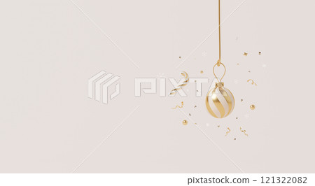 3D render, Happy new year and Merry Christmas scene with minimal hanging golden Christmas ornament and festive confetti. 121322082