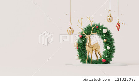 3D render, Happy new year and Cheerful Christmas scene with Golden reindeer with festive wreath and hanging ornaments 121322083