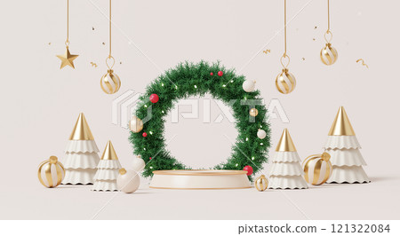 3D render, Happy new year and Merry Christmas background with Podium stage decorated with wreath, trees and golden ornaments. 3D render, Happy new year and Merry Christmas background with Podium stage decorated with wreath, trees and golden ornaments. 121322084