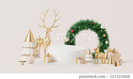 3D render, Happy new year and Merry Christmas background with Podium stage decorated with golden reindeer, wreath and festive elements. 3D render, Happy new year and Merry Christmas background with Podium stage decorated with golden reindeer, wreath and festive elements. 121322088