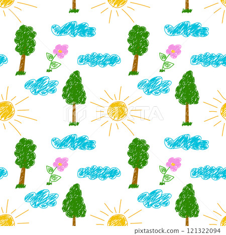 Hand-Drawn Nature Seamless Pattern with Trees, Sun, and Flowers Hand-Drawn Nature Seamless Pattern with Trees, Sun, and Flowers 121322094