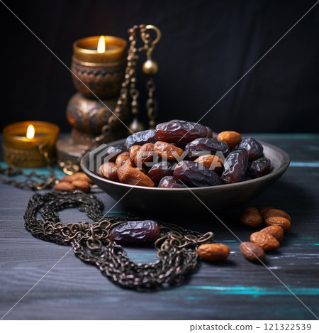 Banner consisting from traditional species accessories for celebration holiday Ramadan, Ai generated 121322539