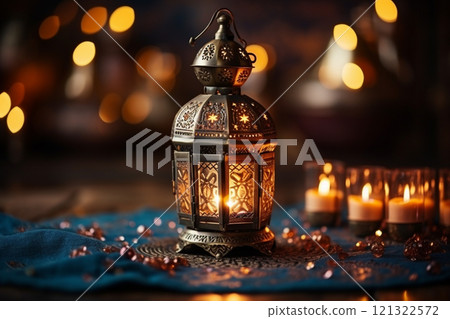 Banner consisting from traditional species accessories for celebration holiday Ramadan, Ai generated 121322572