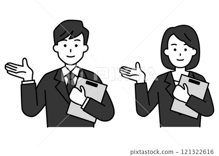 Set of men and women in black suits holding clipboards and giving directions 121322616