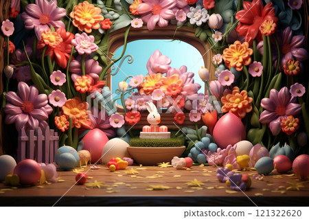 Generative ai on theme celebration holiday Easter with bright eggs are main accessory at abstract background 121322620