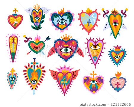 Cartoon Color Different Sacred Mexican Hearts Icons Set Day of Dead Holiday Concept Flat Design Style. Vector illustration Cartoon Color Different Sacred Mexican Hearts Icons Set Day of Dead Holiday Concept Flat Design Style. Vector illustration 121322666