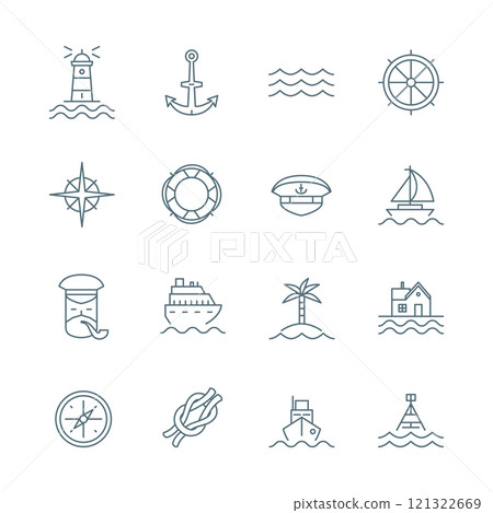 Travel by Sea Sign Black Thin Line Icon Set Include of Lighthouse, Boat, Palm, Sailor and Compass. Vector illustration of Icons Travel by Sea Sign Black Thin Line Icon Set Include of Lighthouse, Boat, Palm, Sailor and Compass. Vector illustration of Icons 121322669
