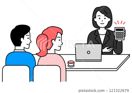 一位身穿黑色西裝的女士向一對年輕夫婦提供報價 一位身穿黑色西裝的女士向一對年輕夫婦提供報價 121322679