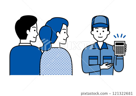 A man in overalls proposing an estimate to a young couple A man in overalls proposing an estimate to a young couple 121322681