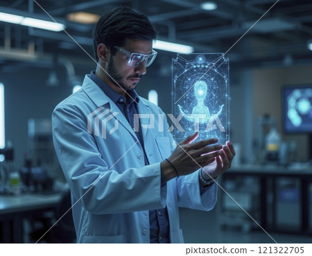 Waist up portrait of male scientist interacting with glowing data hologram in futuristic laboratory lit by neon blue lighting copy space Waist up portrait of male scientist interacting with glowing data hologram in futuristic laboratory lit by neon blue lighting copy space 121322705