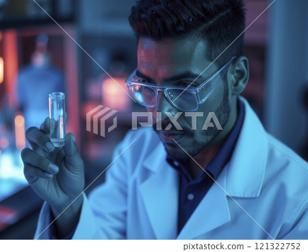 Closeup portrait of male scientist holding test tube with intense look while doing experiments in futuristic laboratory with blue neon lights copy space 121322752