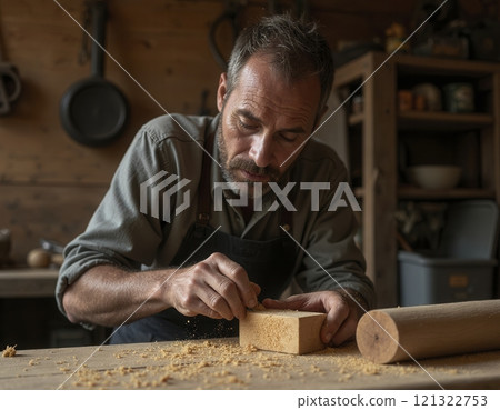 Waist up portrait of focused bearded carpenter sanding wooden block in traditional crafting workshop 121322753