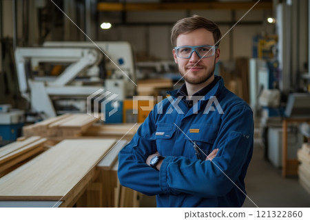 Portrait of man looking straight at camera, crossing arms in industrial wood workshop, wearing safety glasses and blue work overall, standing by wooden supplies 121322860