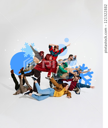 Dynamic group of people falling and reaching towards discounts, symbolizing enthusiasm and rush for winter sales. 121322882