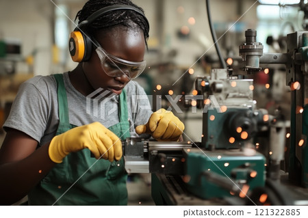 Skilled engineer operating machinery in an industrial workshop, wearing protective gear and focusing on precise work, with sparks flying from the equipment 121322885