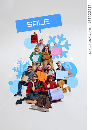 Cheerful group holding colorful shopping bags, standing against backdrop of snowflakes and SALE speech bubble. 121322915