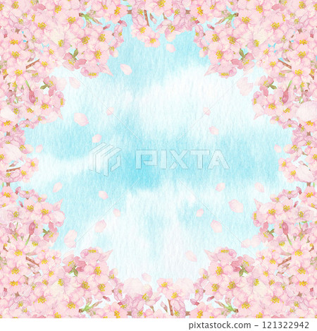 手繪水彩畫：方形_清爽的藍天和櫻花背景，樹枝和花蕾 121322942