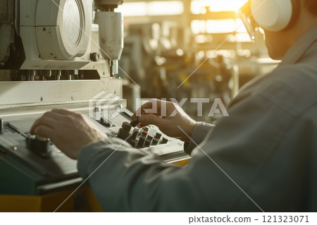 Worker adjusting controls on industrial machinery in a well-lit manufacturing facility spread with various equipment and tools 121323071