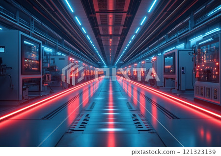 Long, futuristic corridor illuminated by vibrant blue and red lights, leading to a central point. Rows of advanced servers and equipment line both sides of the corridor 121323139
