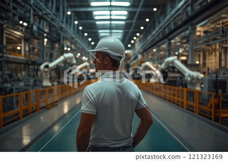Man wearing hard hat inspecting modern industrial machinery in factory. Environment features advanced automation systems, emphasizing technological innovation 121323169