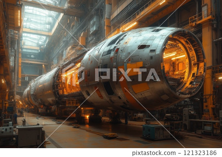 Engineers and workers constructing a huge spacecraft interior inside an expansive, high-tech industrial facility filled with various equipment and bright overhead lighting 121323186