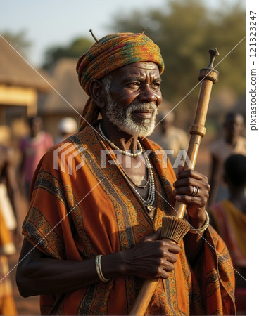 Elderly man holding a traditional staff while participating in cultural event, surrounded by people in the background. Wearing colorful, traditional attire 121323247