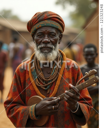 Portrait of elderly African man wearing traditional colorful attire and holding a musical instrument against a blurred village backdrop displaying cultural richness 121323248