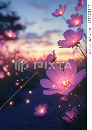 Pink cosmos flowers glowing in field at sunset 121323545
