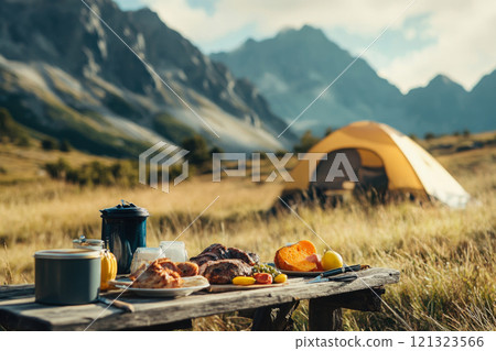 Camping breakfast with mountain view 121323566