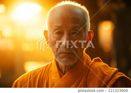 Buddhist monk standing outside temple looking at camera 121323608