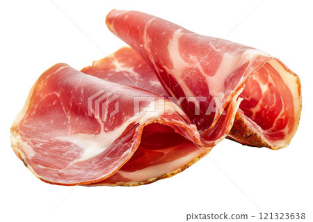 Slices of prosciutto crudo on white background 121323638