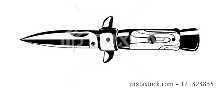 Isolated black and white illustration of a switchblade knife with a sleek 121323835