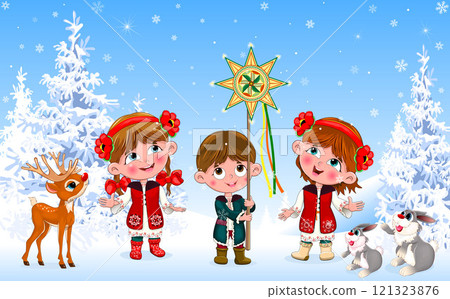 Happy children sing a Christmas carol 121323876