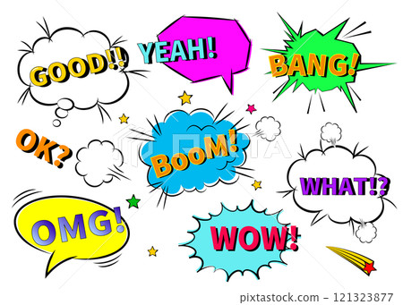 American comic style speech bubble pop onomatopoeia concentration line illustration set 121323877