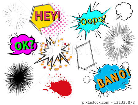 American comic style speech bubble, concentration line, manga sound effect, pop explosion illustration set 121323878