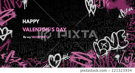 Happy valentines day graffiti background, banner in street art style. Grunge hand drawn wall art, spray paint hearts, love symbols. Colorful urban template for web, social media, print. 121323934