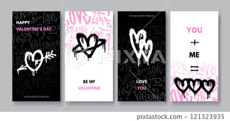 Set of valentines day covers, banners, greeting cards in graffiti style. Grunge hand drawn backgrounds, spray paint hearts, love symbols. Happy Valentines Day postcards, templates, social media, print Set of valentines day covers, banners, greeting cards in graffiti style. Grunge hand drawn backgrounds, spray paint hearts, love symbols. Happy Valentines Day postcards, templates, social media, print 121323935