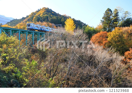 秩父鐵道“在紅葉山區的鐵路橋上行駛的列車” 121323988