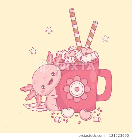 Cute smiling Axolotl with red Mug Sweet Dessert cup Hot Cocoa with Marshmallows, hearts and striped candy. Funny festive little cartoon kawaii animal character . Vector illustration. . 121323990