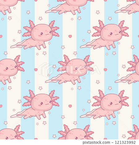 Seamless pattern with Little cute pink Axolotl on white blue striped background. Funny marine cartoon kawaii character. Vector illustration. Kids collection. Seamless pattern with Little cute pink Axolotl on white blue striped background. Funny marine cartoon kawaii character. Vector illustration. Kids collection. 121323992