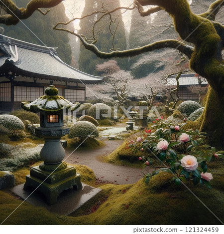Snowy scenery and camellias reflecting the beauty of Japan 121324459