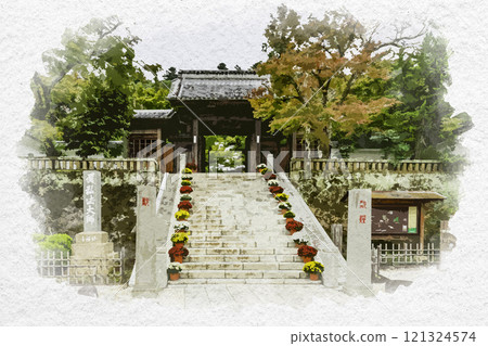 Watercolor style, Izu Shuzenji, Shuzenji temple gate, Izu city, Shizuoka prefecture Watercolor style, Izu Shuzenji, Shuzenji temple gate, Izu city, Shizuoka prefecture 121324574