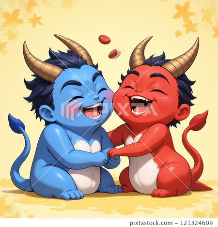 A Setsubun scene full of smiles featuring the little red and blue demons 121324609